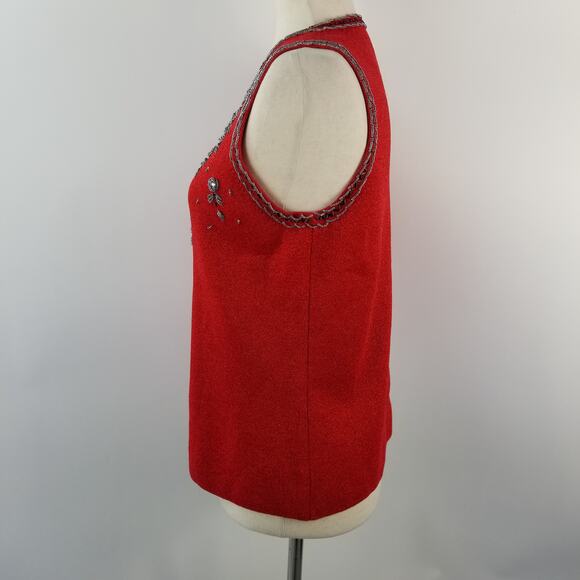 Essentials Red Sleeveless Silk Blend Embellished Rhinestones Beads Top EUC LG - Picture 3 of 9